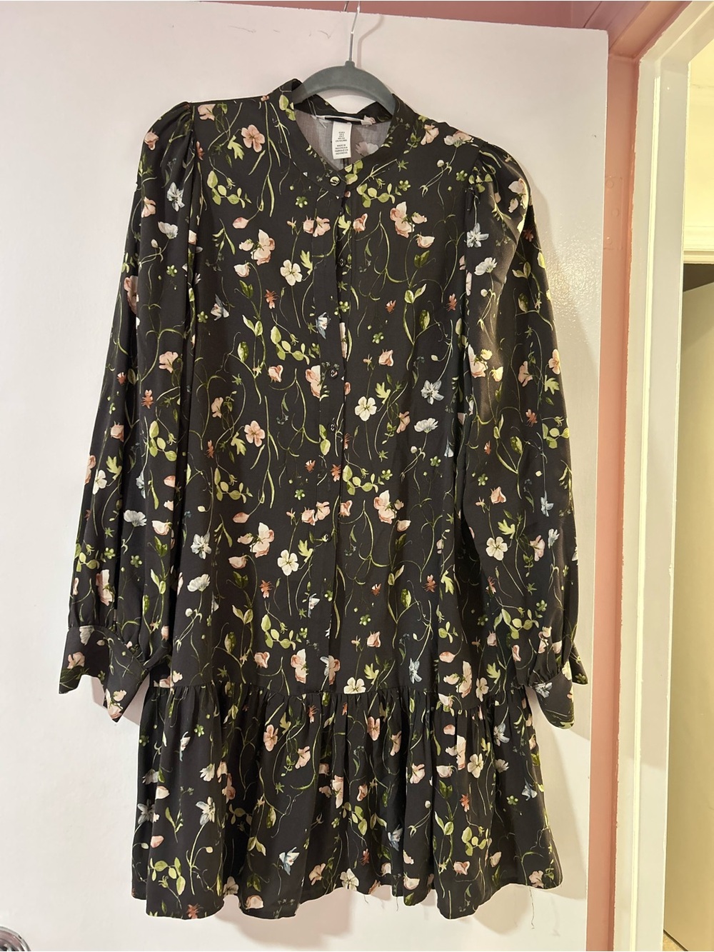 H&M Black Floral Long Sleeve Dress with Pink and White Blooms